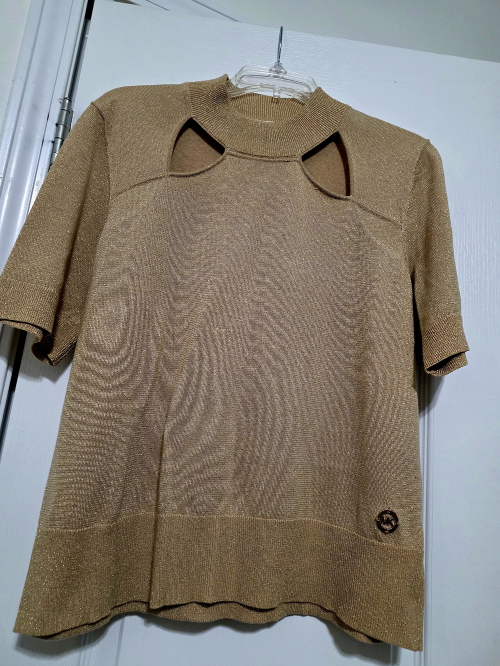 Michael Kors Metallic Gold Short Sleeve Knit Top with Cutout Neckline
